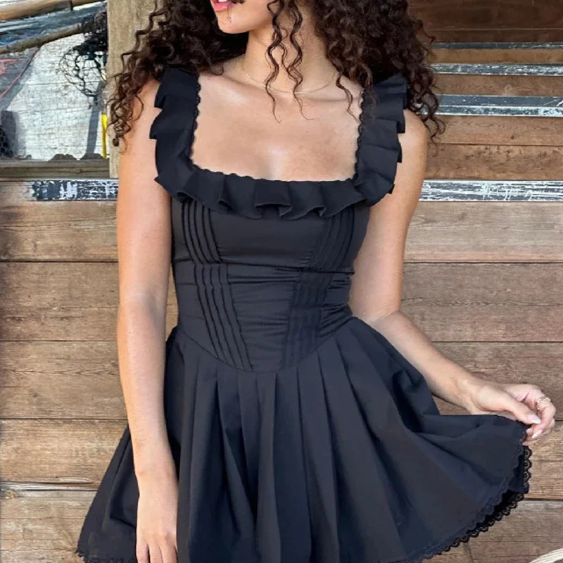 A-Line Slinky Mini Abiti Pieghettati Abiti Eleganti Estivi Per Le Donne Sexy Backless Pizzo Volant Corsetto Vestiti Vestito Vestito Estivo