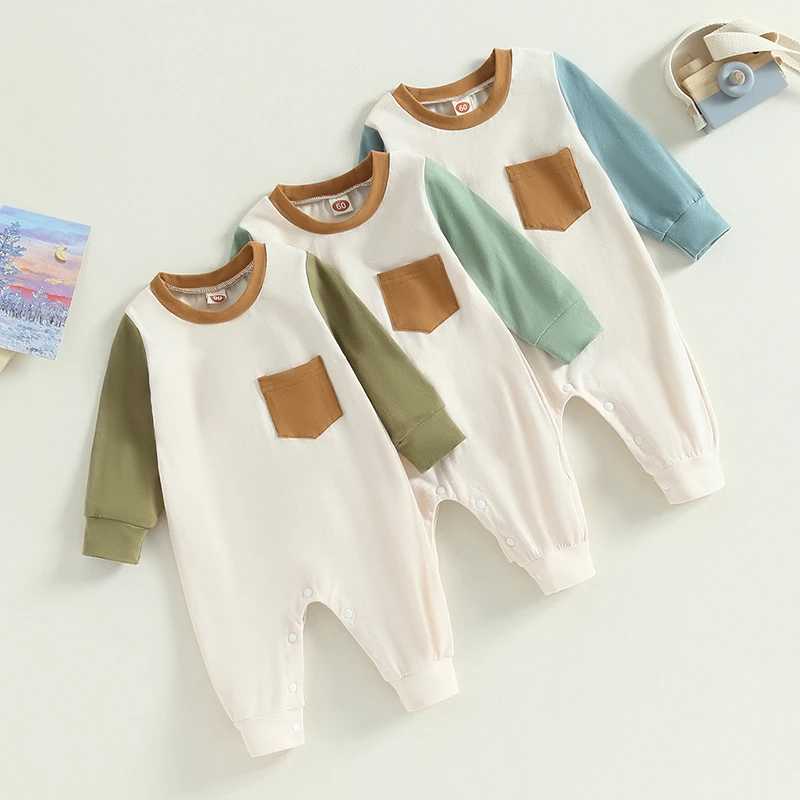 Autunno Neonati Maschi Ragazze Autunno Tute Carino Manica Lunga Girocollo Contrasto Colore Tasca Pagliaccetti Salopette Abbigliamento Infantile