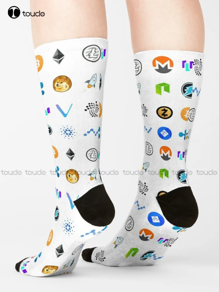 Crypto Coins Crypto Coins Money Btc Bitcoin Eth Ethereum Socks Calzini Scheletro Cartoon Street Skateboard Socks 360 ° Stampa Digitale