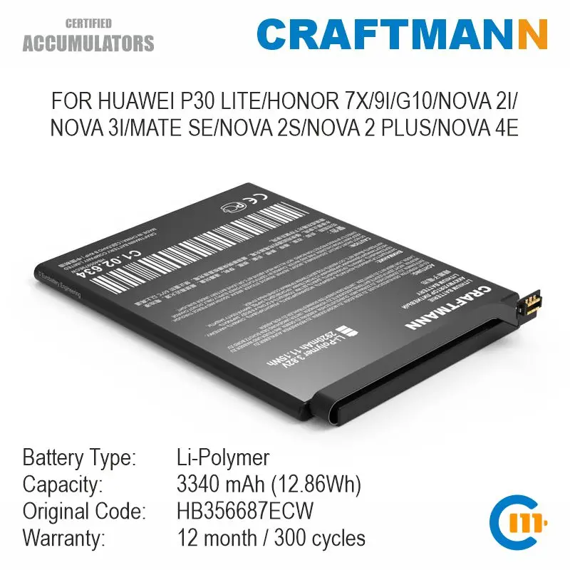 Batteria Artigianale Per Huawei P30 Lite/Honor 7X/9I/G10/Nova 2I/Nova 3I/Mate Se/Nova 2S/Nova 2 Plus/Nova 4E (Muslimate)
