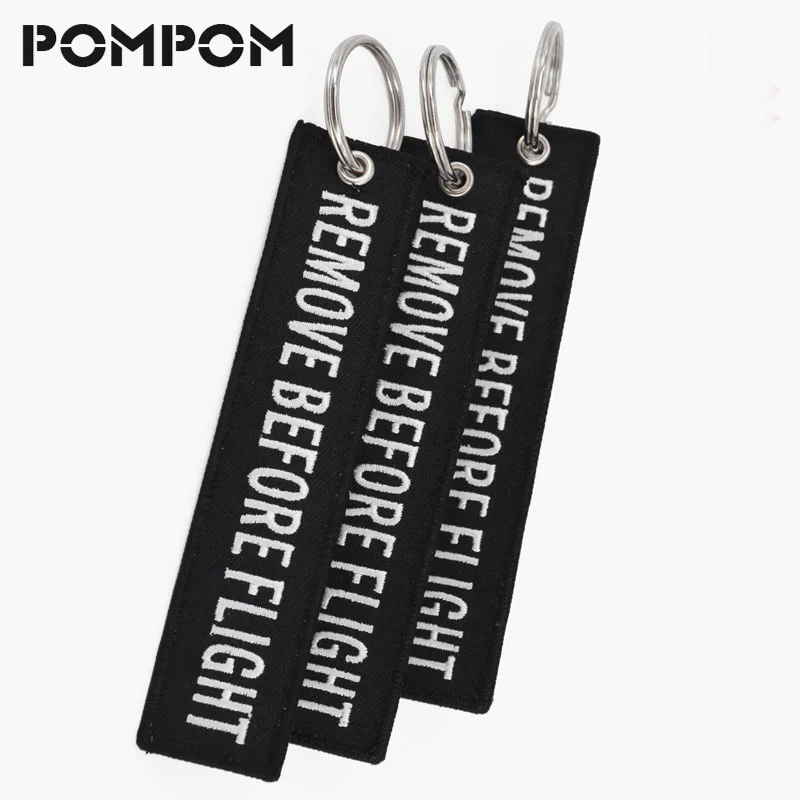 3 Pz/Lotto Remove Before Flight Portachiavi Oem Portachiavi Nero Ricamo Chiave Anello Della Catena Speciale Bagagli Tag Label Fob Di Sicurezza Tag