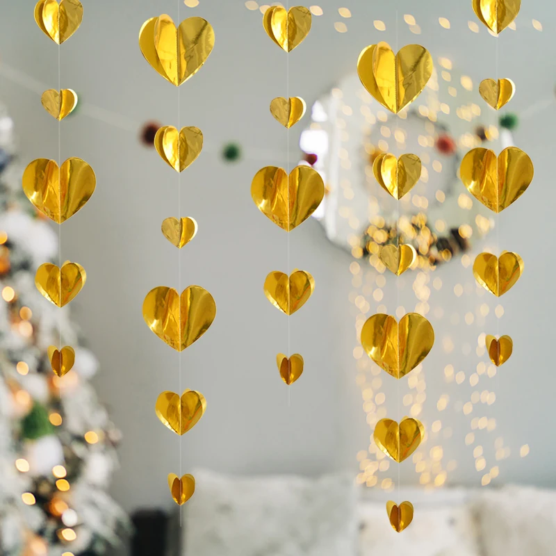 1.8M 3D Red Heart Banner Ghirlanda San Valentino Gold Heart Hanging Ornaments Streamer Banner Wedding Bridal Shower Party Decor