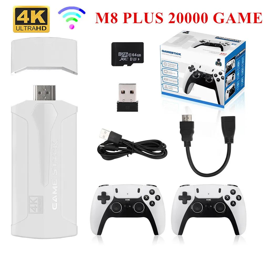 M8Plus Console Per Videogiochi 2.4G Doppio Controller Wireless Game Stick 4K 20000 Giochi 64Gb Giochi Retrò Tv Boy Regalo Di Natale