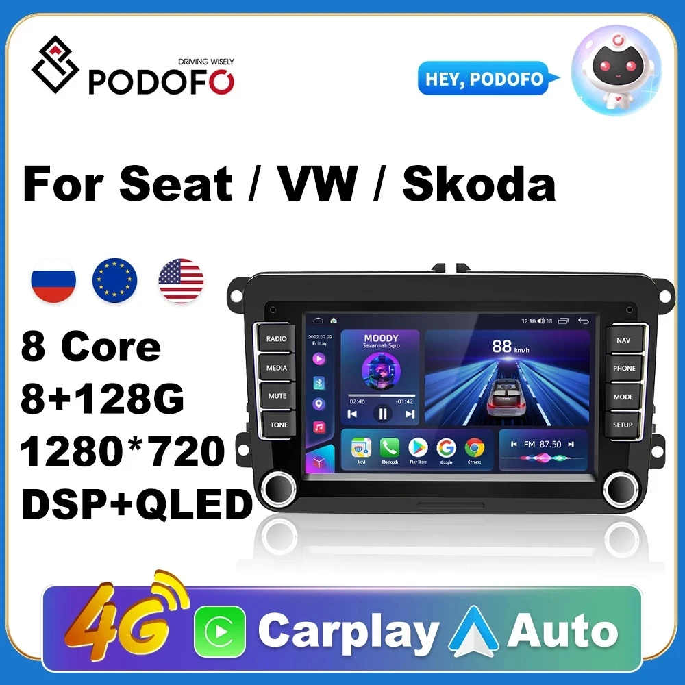 Podofo 2 Din Android 11 Radio Car Multimedia Player Carplay Per Vw/Volkswagen/Golf/Polo/Tiguan/Passat/B6/Seat/Leon/Skoda/Octavia