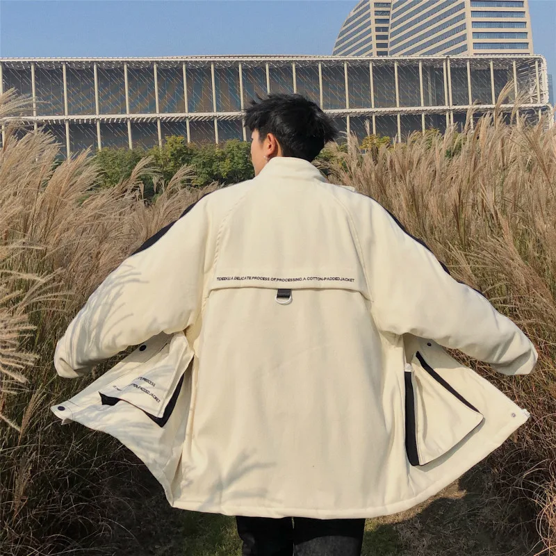 Autumn And Winter Harbor Wind Male Stand Patchwork Cotton-Padded Clothes Thickening Loose Large Size Casual Coat