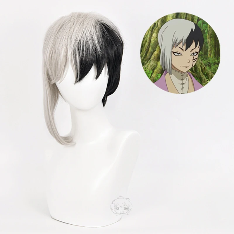 New Arrival Anime Dr.Stone Cosplay Asagiri Gen Black White Costume Wig Heat Resistance Fiber Men'S Synthetic Hair + Wig Cap