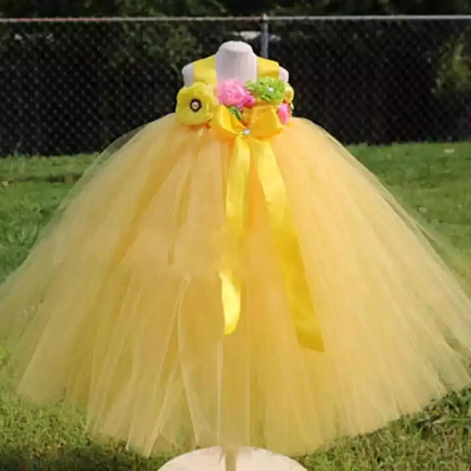 Giallo Shabby Flower Girl Tutu Dress Pageant Long Fluffy Ball Gown Baby Kids First Birthday Wedding Party Dresses For Photography