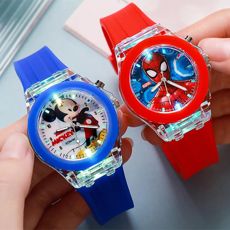 Disney Spiderman Watch Kids Luminous Watch Cute Silicone Mickey Colorful Lights Watch Gifts For Girls Kids Watches