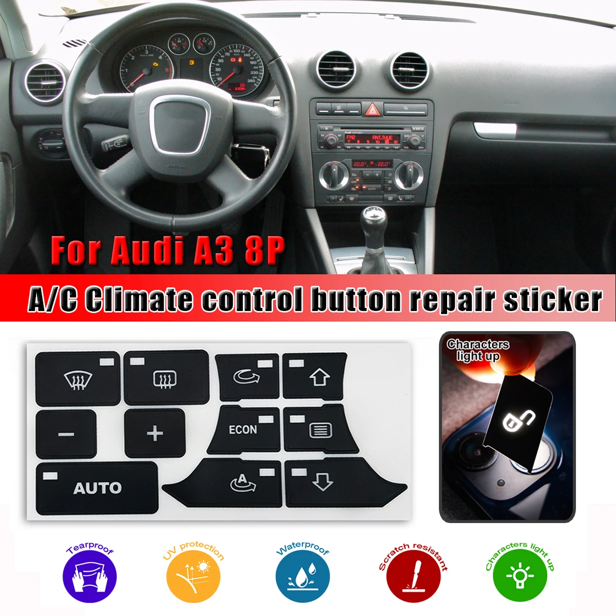 Kit Adesivi Per La Riparazione Dei Pulsanti Per Audi A3 8P Pannello Console Centrale Per Il Controllo Del Clima Per Audi A3 8P Styling Decalcomanie Pe