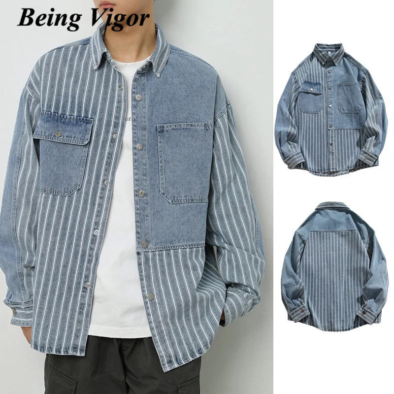 Essere Vigor Primavera Autunno A Righe Uomo Jean Shirt Denim Blu Mens Camicetta Jean Shirt Jacket Camisa Masculina