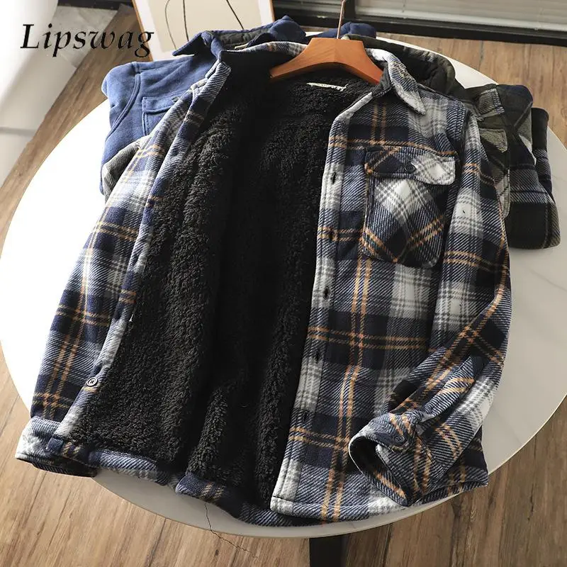 Abiti Invernali Giacca Di Rivestimento In Lana Calda Camicia A Quadri Da Uomo Cappotti Casual Risvolto Manica Lunga Cardigan In Pile Abbigliamento Uom