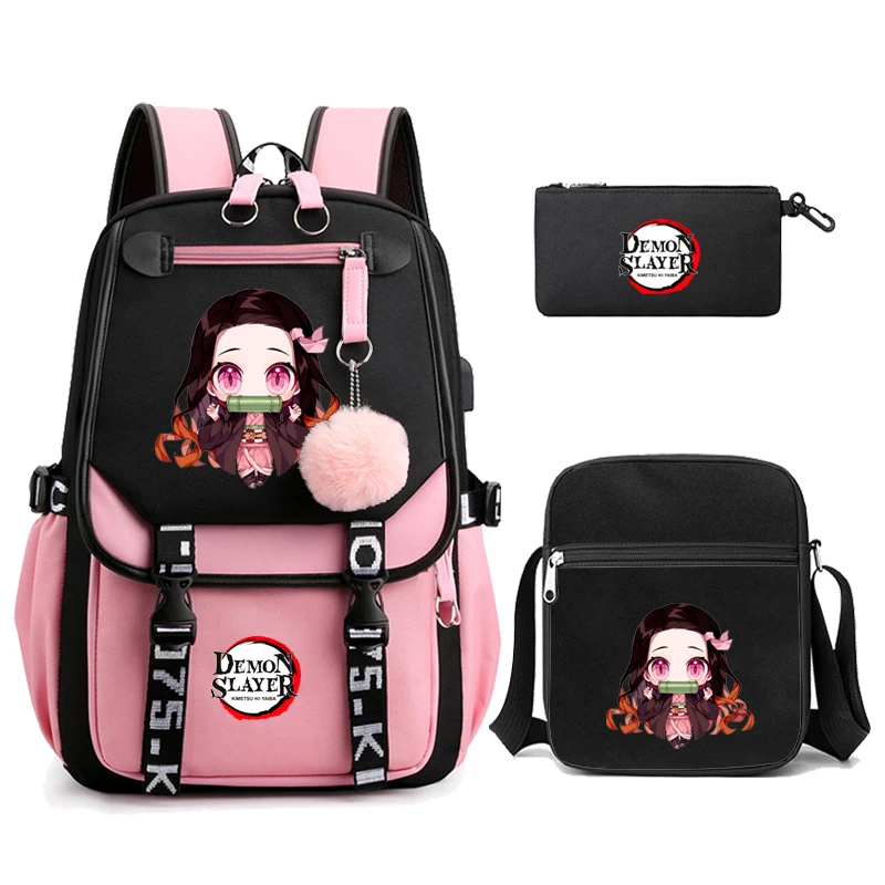 3Pcs Kamado Nezuko Demon Slayer Zaini Set Per Ragazze Anime School Bag Adolescente Studente Tela Laptop Zaino Donna Zaino