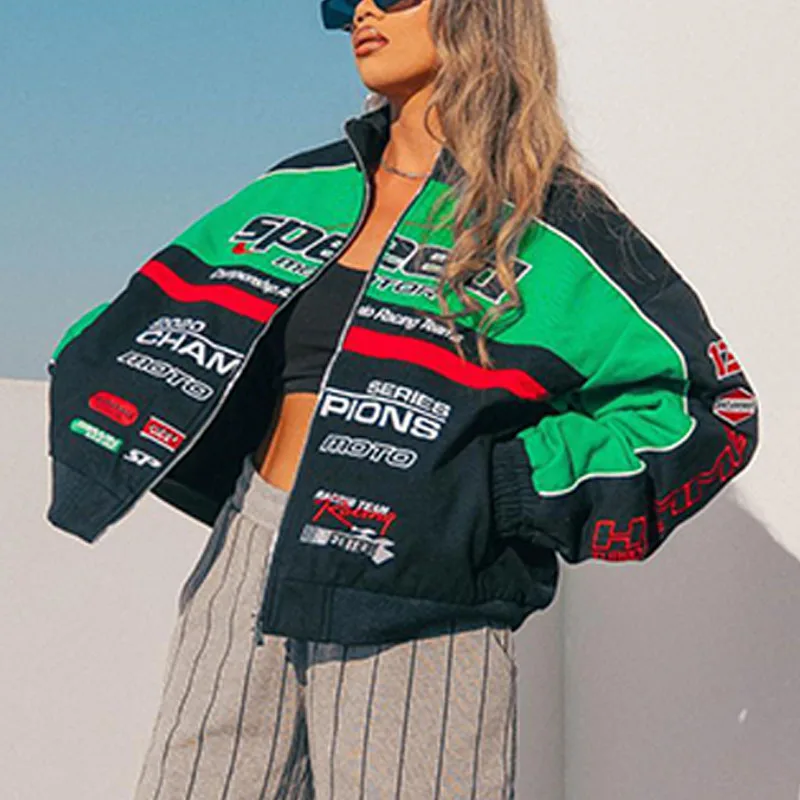 Giacca College Donna Stampata Casual Cerniera Manica Lunga Giacca Da Corsa Cappotto Abbigliamento Invernale Giacca Bomber Donna Vintage Colorblock