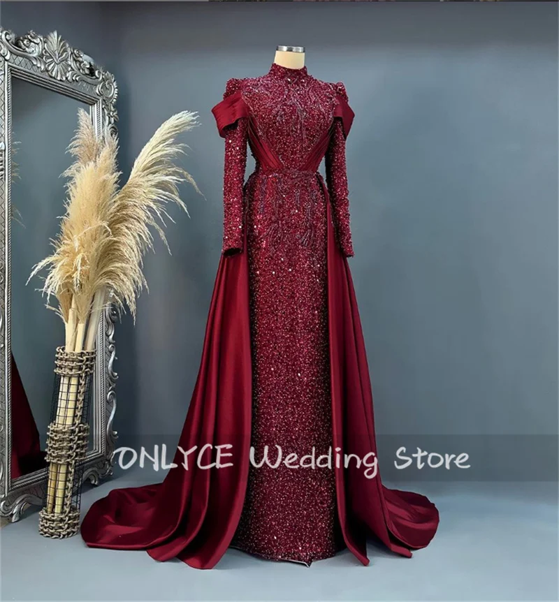 Abiti Da Sposa Rossi Musulmani Nuovo 2024 Collo Alto Perline Perle Maniche Lunghe Abito Da Sposa Dubai Abiti Da Sposa Lunghi Di Lusso