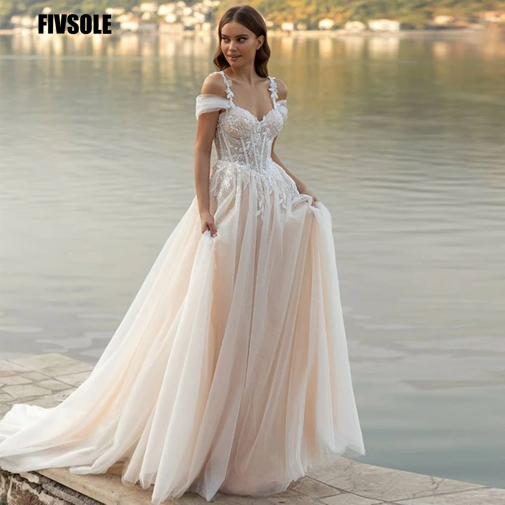 Fivsole Abiti Da Sposa In Pizzo Tulle Pieghe Appliques Manica A Cuore Con Spalline A-Line Abiti Da Sposa Abito Da Sposa