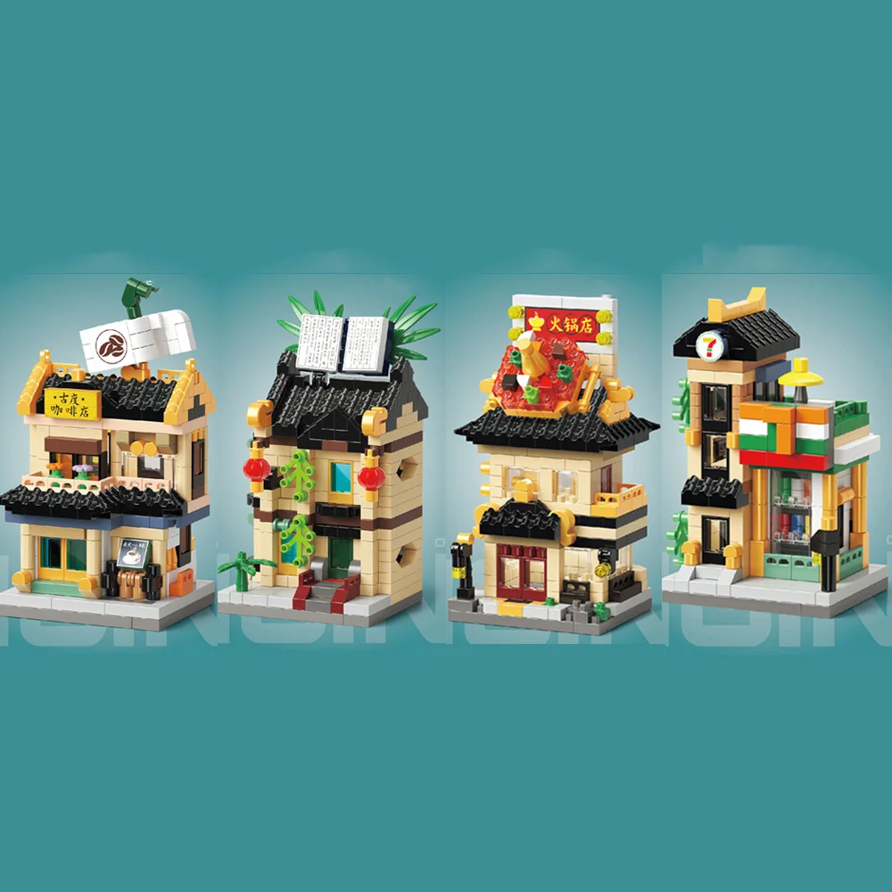 Creativo Mini Block City Street View Hot Pot Coffee Shop Libreria Minimarket Building Brick Assemblare Giocattoli Per Regali Per Bambini