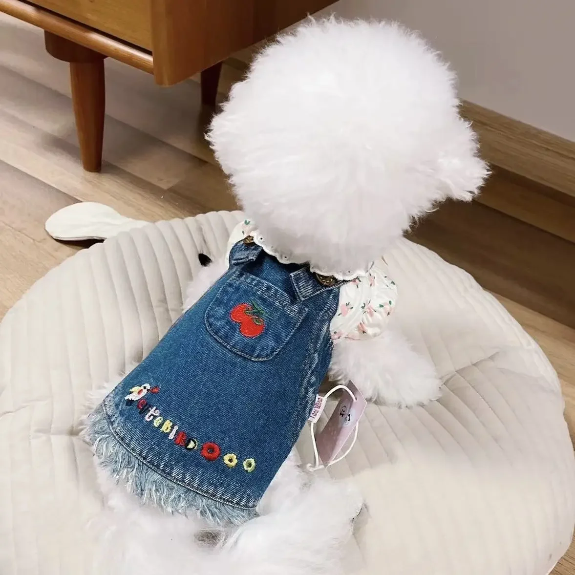 Pet Cherry Denim Gonna Pastorale Denim Strap Gonna Cute Dog Clothes Primavera/Estate Teddy Marcis Yorkshire Dog Dresses Puppy
