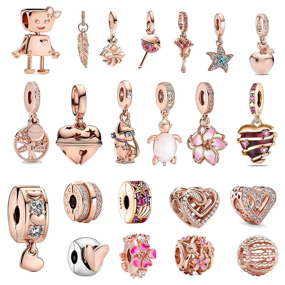 Vero Argento Sterling 925 Oro Rosa Polpo Rosa Estate Tartaruga Marina Cuore Ciondola Charm Fit Originale Pandora Charms Bracciale Ragazza
