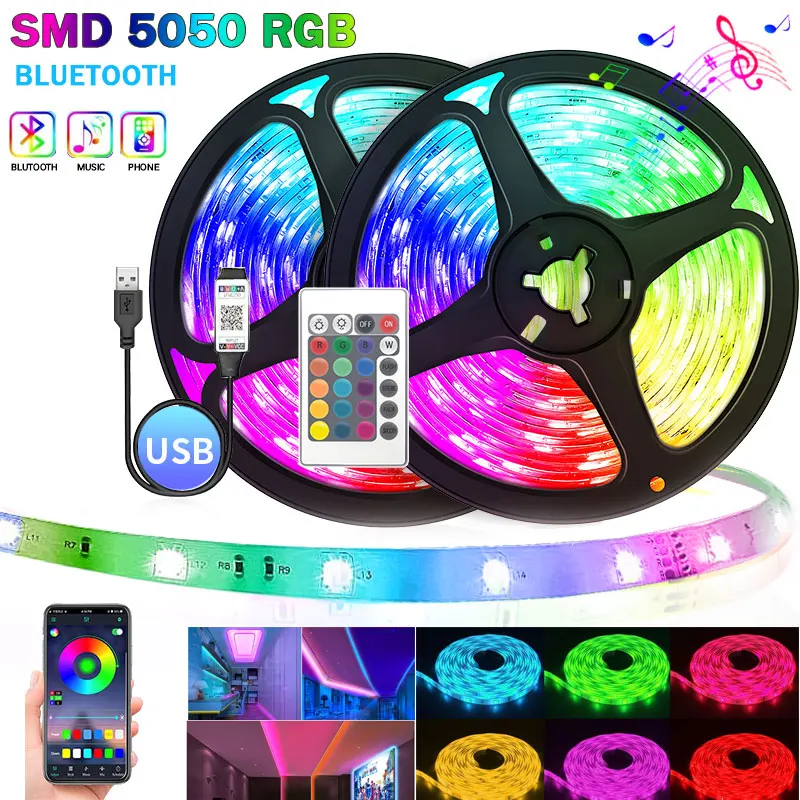 Led Usb Strips Light Smart Rgb 5050 White 5V Led Ribbon 20M Led Line Lighting Lamp Con Bluetooth Sound Gaming Room Decoration