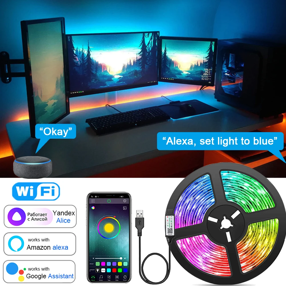 Wifi Led Strip Lights Music Sync Rgb 5050 Led Tape Alexa Smart Lights Strip Per La Decorazione Della Stanza Delle Feste Retroilluminazione Tv