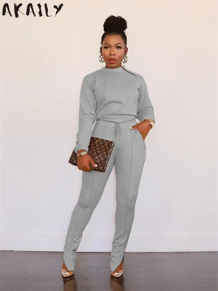 Akaily Street Solid 2 Completi A Due Pezzi Completi Autunnali Per Donna 2023 Completi E Pantaloni A Maniche Lunghe Grigi Tuta Nera Femminile