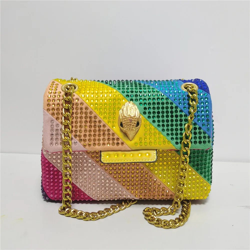 New Rainbow Patchwork Eagle Head Handbag Suede Diamond Women Purse Jointing Borsa A Tracolla Colorata