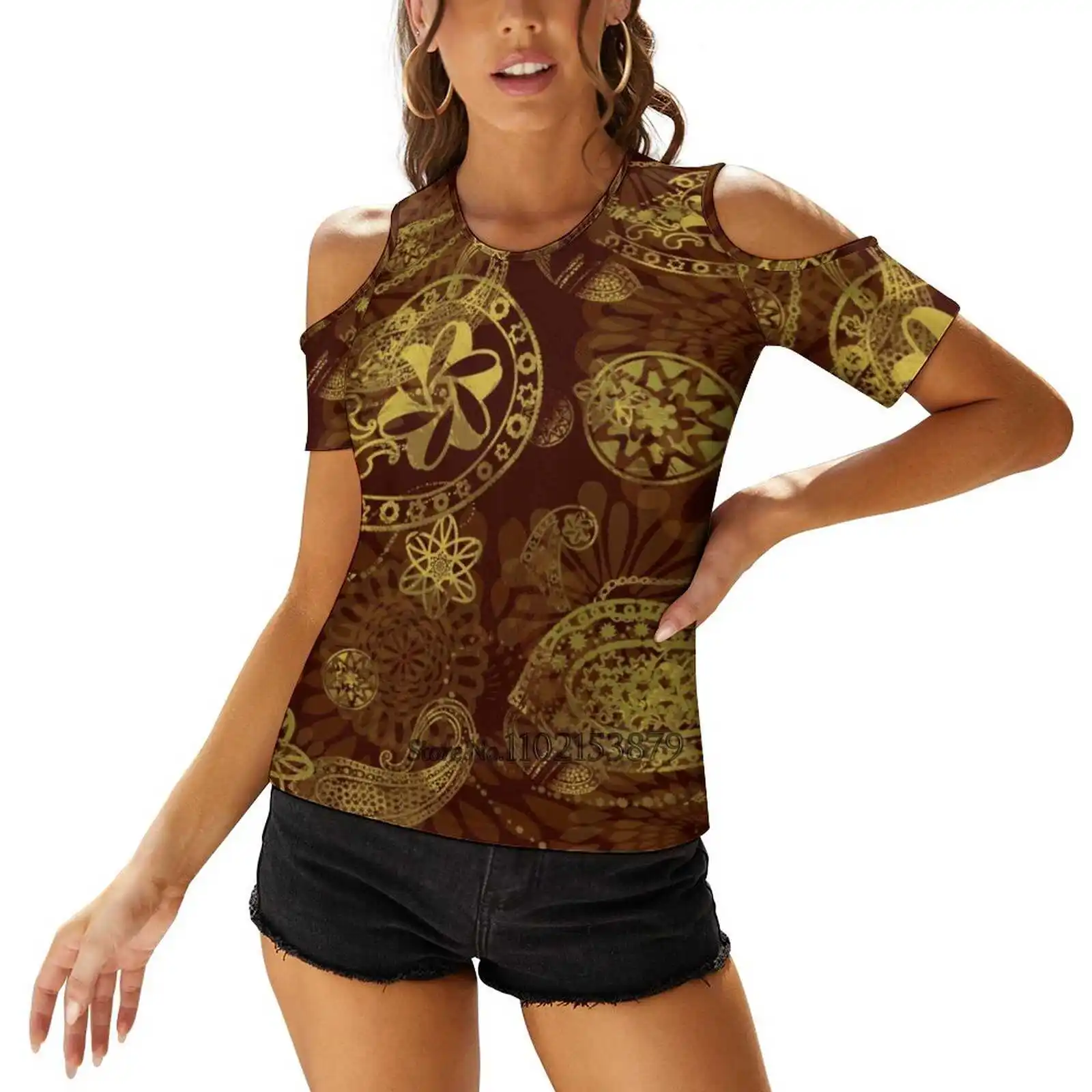Gold Soul Abbigliamento Donna Scollo A V Top Zipper Tee Ladies Casual Sexy T-Shirt Golden Brown Mandala Paisley Graphics Womens Men