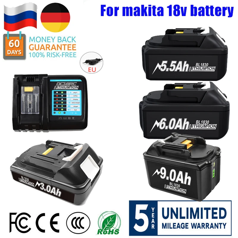 Batteria 3.0/5.5/6.0/9Ah Per Batteria Makita 18V Bl1830 Batteria Ricaricabile Per Elettroutensili Bl1860B Bl186018650 Li-Ion Con Led Charg