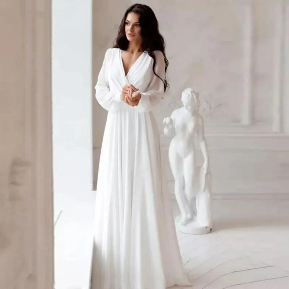 Negozio Di Lusso Abiti Da Sposa In Chiffon Abiti Bianchi Abiti Da Donna A-Line Boda Playa 2024 Elopment Maniche Lunghe Vestido De Novia