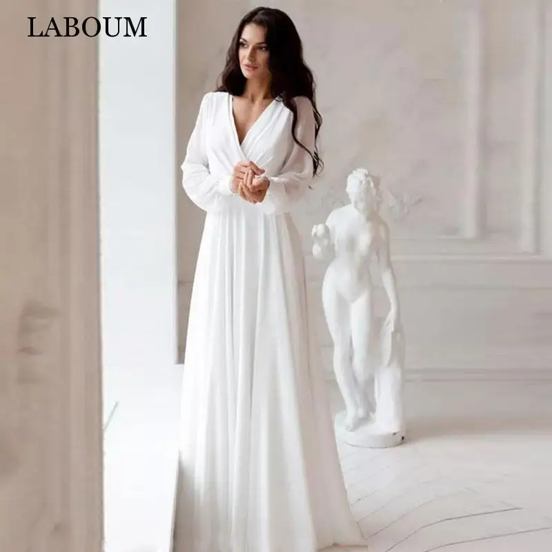 Laboum A Line Abiti Da Sposa In Chiffon Abiti Bianchi Abiti Da Donna Boda Playa Vestidos De Boda 2023 Elopment Manica Intera Semplice