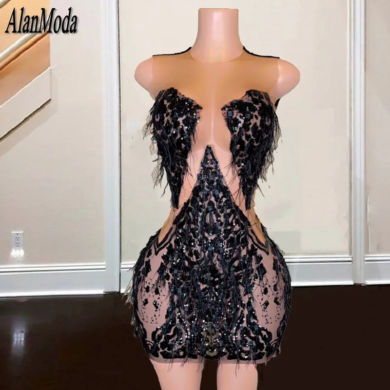 Little Black Prom Dresses 2023 Sheer Neck Paillettes Feathers Girls Birthday Party Gowns Short Night Wear Backless Vestido De Gala