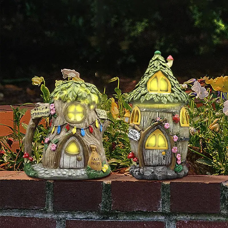 Solar Fairy House Flower House Solar Led Lights Garden Fairy Outdoor Walkway Girasole Resina Cottage Decorazione Di Luci Natalizie