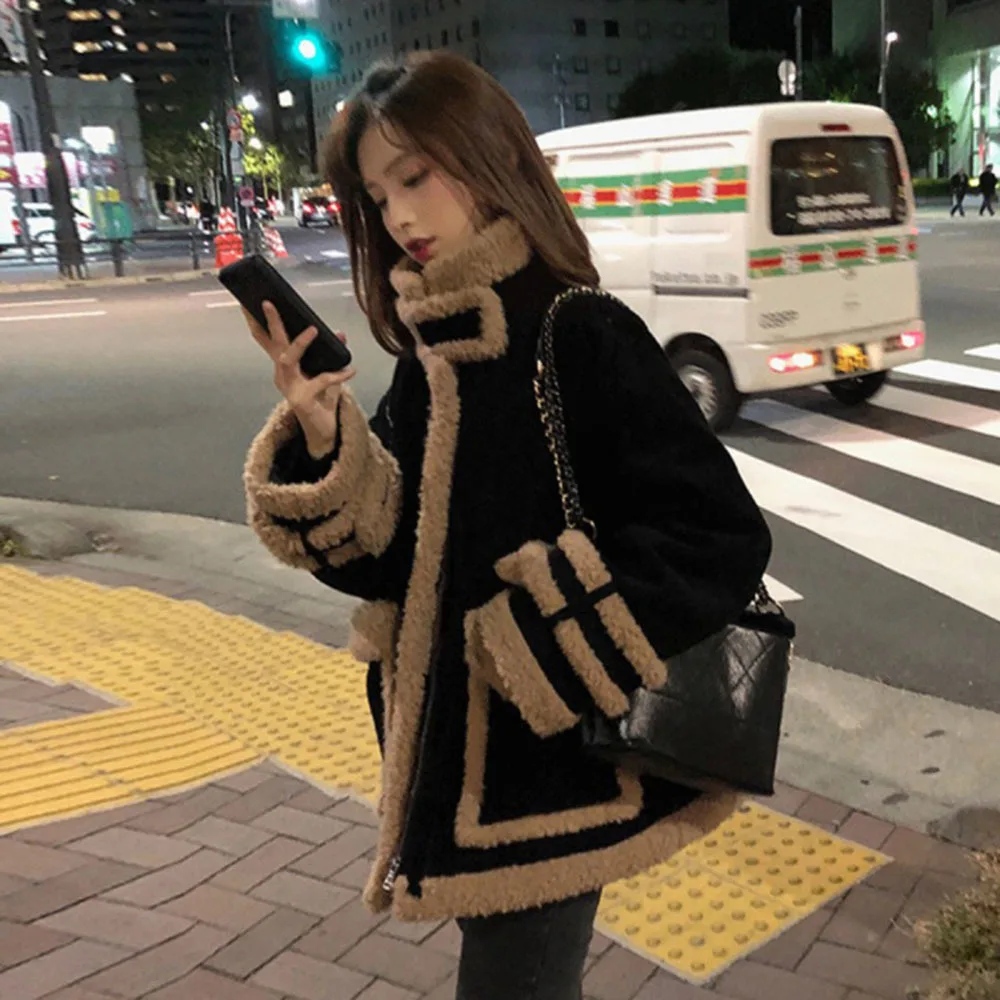 Coreano Colletto Alla Coreana Giacche In Lana D'Agnello Donna Autunno Inverno Moda Parka Allentato Cappotto Corto Addensare Cappotti Caldi Cappotti Da
