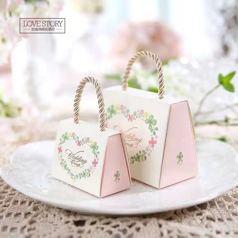 10Pcs  Small Fresh Wedding Candy Box Carton Portable Wedding Candy Box Mori Style Pink Pastoral Wind Sugar Box