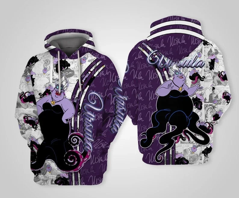 2024 Disney Cattivi Halloween Viola Nero All Over Stampa Pullover In Pile Con Zip Felpe Con Cappuccio Abiti Unisex Uomo Donna Felpa Con Cappuccio