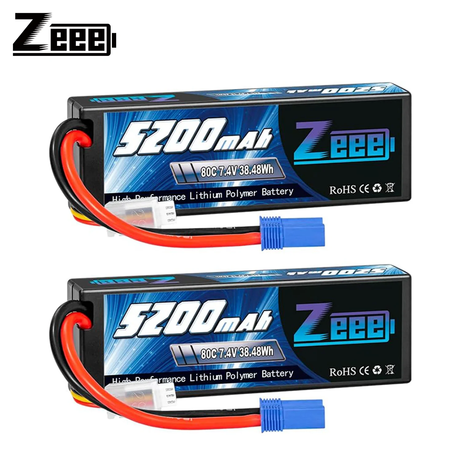 2 Pz Zeee 2S Lipo Batteria 7.4V 80C 5200Mah Con Spina Ec5 Custodia Rigida Batteria Per 1/8 1/10 Rc Veicoli Car Buggy Truggy Airplane