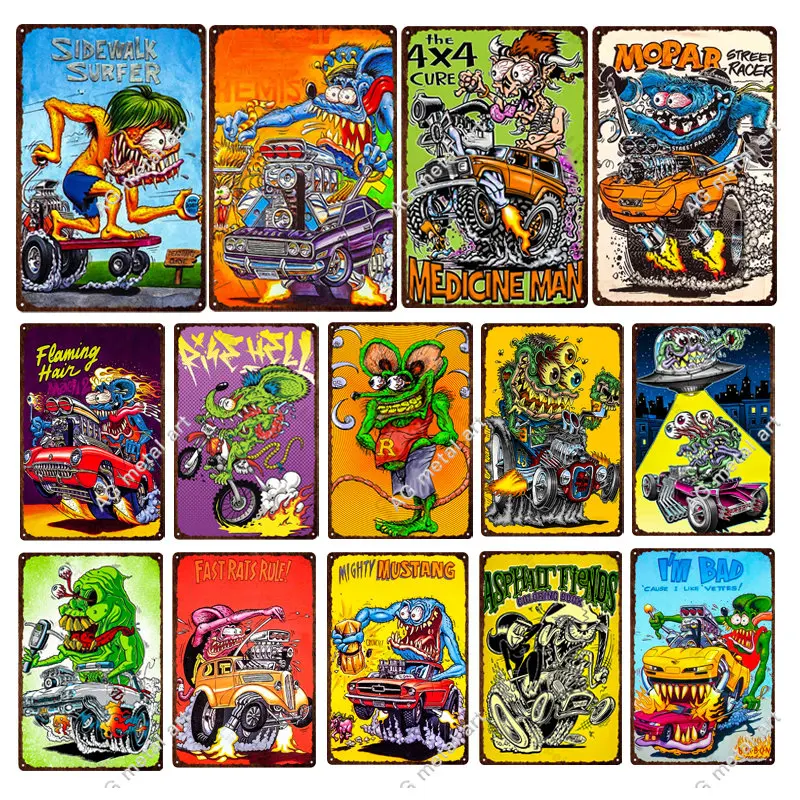 Cartoon Anime Rat Fink Poster Tin Sign Vintage Metal Wall Plates Signs Man Cave Signs Garage Room Decor Shabby Printed Plates