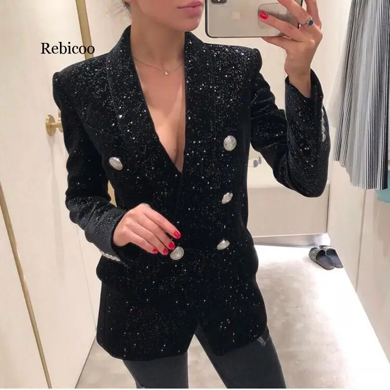 Giacca Blazer Firmata Collo A Scialle Da Donna Bling Star Blazer In Velluto Cappotto Doppio Petto Vintage Lungo Nero Blazer Da Donna
