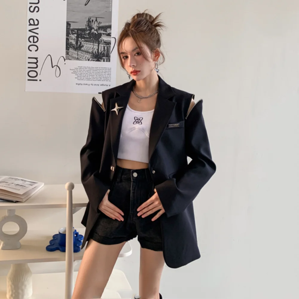 Harajuku Fashion Y2K Blazer Ladies Fashion Star Zipper Off Spalla Manica Lunga Giacca 2023 Autunno Donna Elegante Cappotto Top