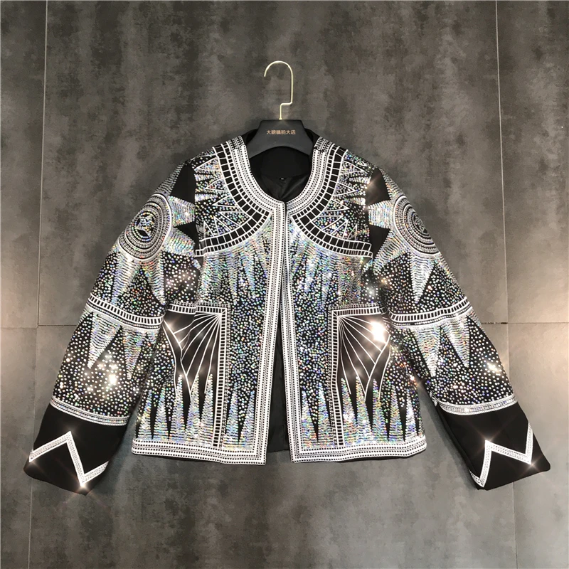 Runway Classic Design High Quality Luxury European Women Slim Black Blazer High Street Lady Stars Blazer Con Paillettes Coat Sy033