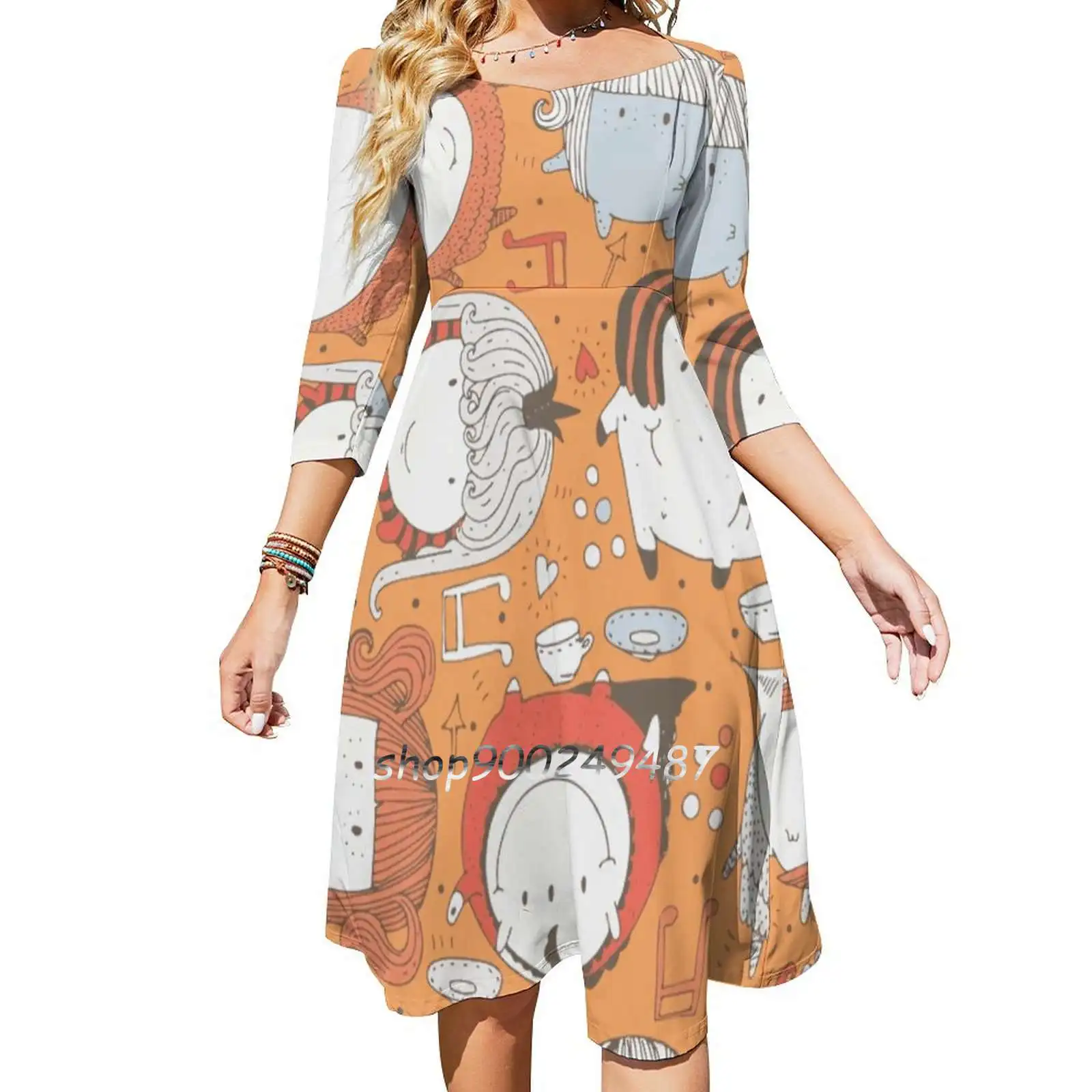 Orange Monsters Square Neck Dress Sweet Summer Dress Women Elegant Halter Print Dress Monster Cute Lovely Space Invader Orange