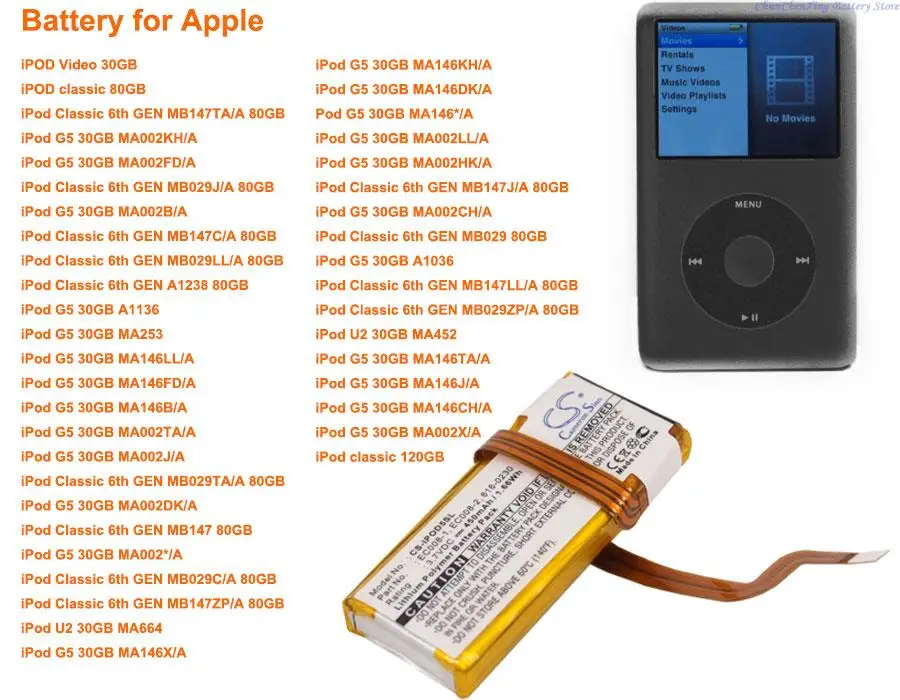 Batteria Orangeyu 450Mah Per Apple Ipod Video 30Gb , Ipod Classic, Ipod Classic 6Th Gen, Ipod G5 30Gb, Ipod G5 30Gb A1036