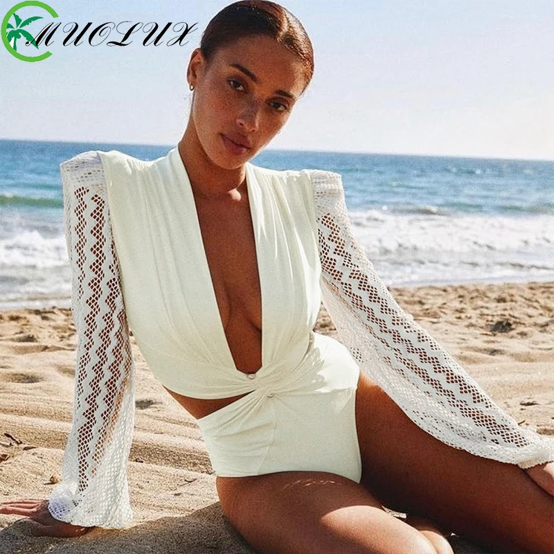 2024 Costume Da Bagno Maniche Lunghe Sport Costume Intero Donna Costumi Da Bagno Surf Solido Pizzo Bianco Monokini Costume Da Bagno Body Beach