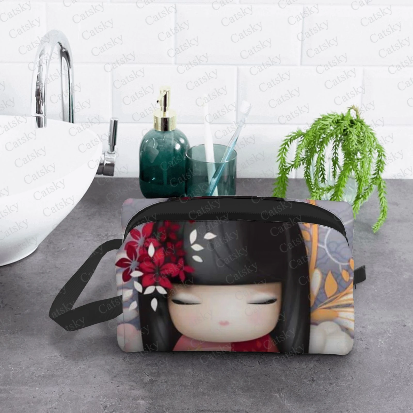 Borsa Cosmetica Per Bambole Sakura Kokeshi Rossa Giapponese Borsa Cosmetica Per Il Lavaggio Della Bellezza Della Scatola Cosmetica Di Grande Capacità 