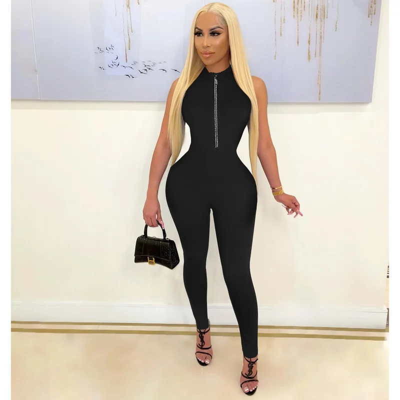 Shiny Diamond Zipper Skinny Romber Tute Donna Eleganti Senza Maniche Impero Vita Tute A Figura Intera Night Club Bodys Para Mujer