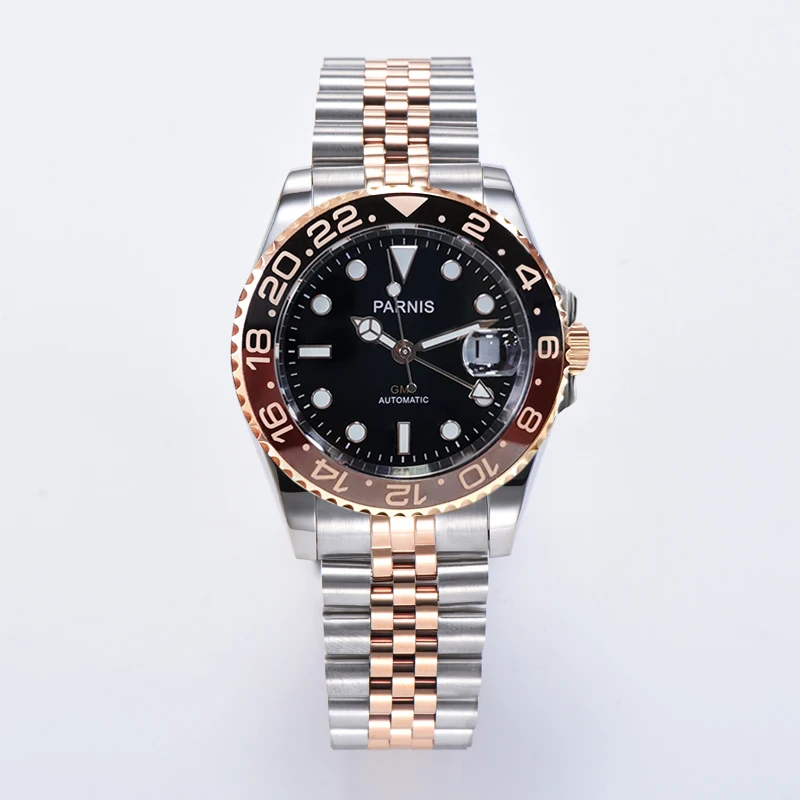 Parnis Two Tone Rose Gold Root Beer Gmt Orologio Meccanico Da Uomo Calendario Data Bracciale Jubilee Inserto In Ceramica Top Brand Rejor