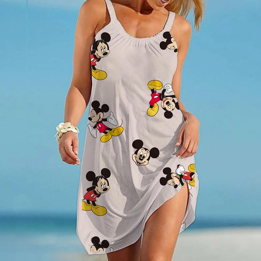 Abiti Da Donna 2022 Estate Disney-Topolino E Minnie Abito Da Spiaggia Da Donna Sexy Allentato Moda Sling Stampa Mare Spiaggia Casual