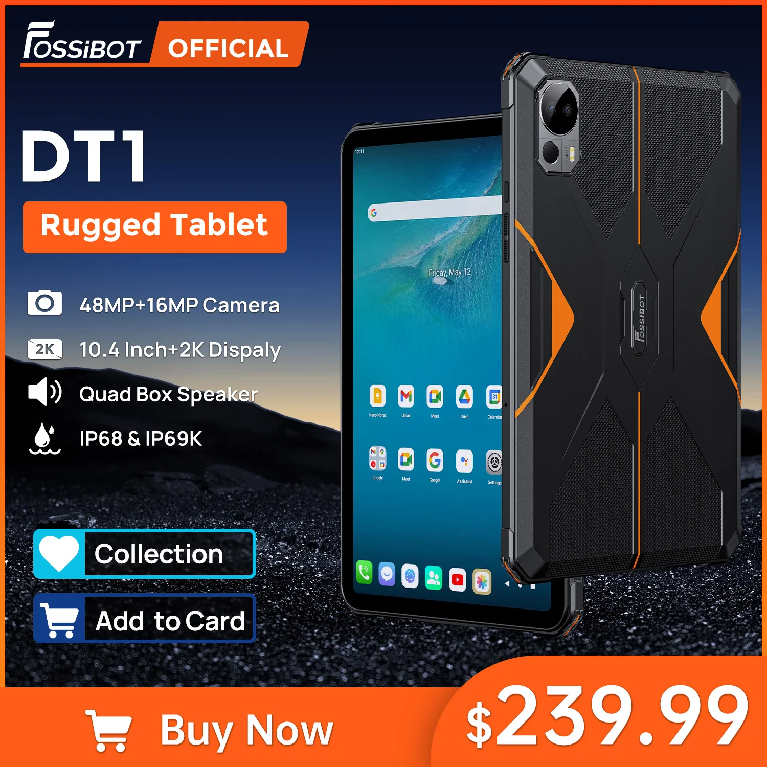 Fossibot Dt1 Tablet Android 13 10.4 Pollici 2K Display 8Gb 256Gb 11000Mah 18W Ricarica Rapida 48Mp Tablet Tablet Tablet Robusto