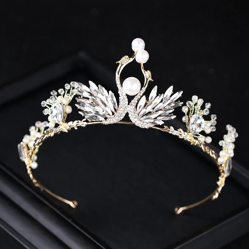 Charm Double Swan Baroque Crown Tiara Pearl Accessori Per Capelli Da Sposa Copricapo Da Sposa Principessa