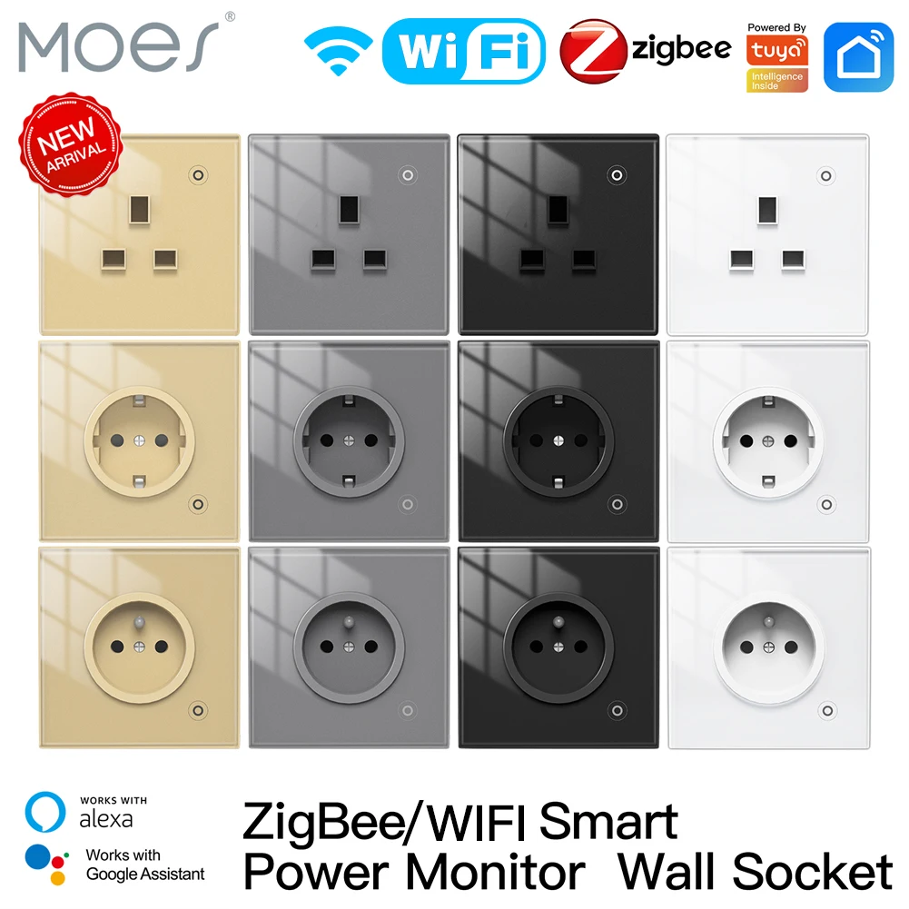 Moes Zigbee Presa A Muro Wifi Smart Glass Panel Outlet Power Monitor Tuya Wireless Control Timer Alexa Google Home Voice Uk Eu Fr